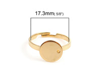 Gold stainless steel adjustable rings round 10mm settings - Hypoallergenic