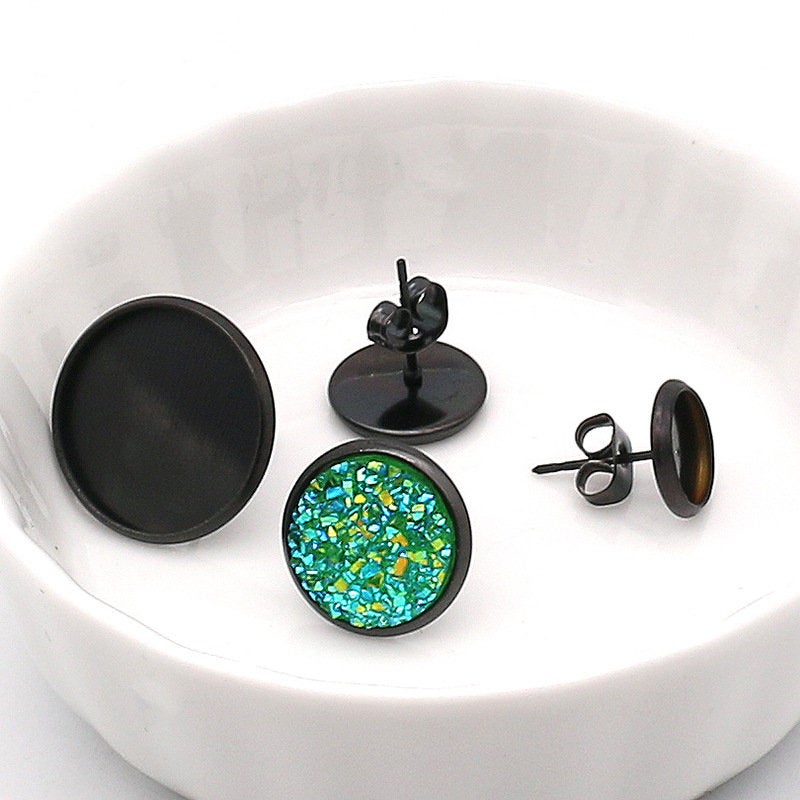 10 Black stainless steel ear stud cabochon settings - fits 8, 10, 12 or 14mm cabochons