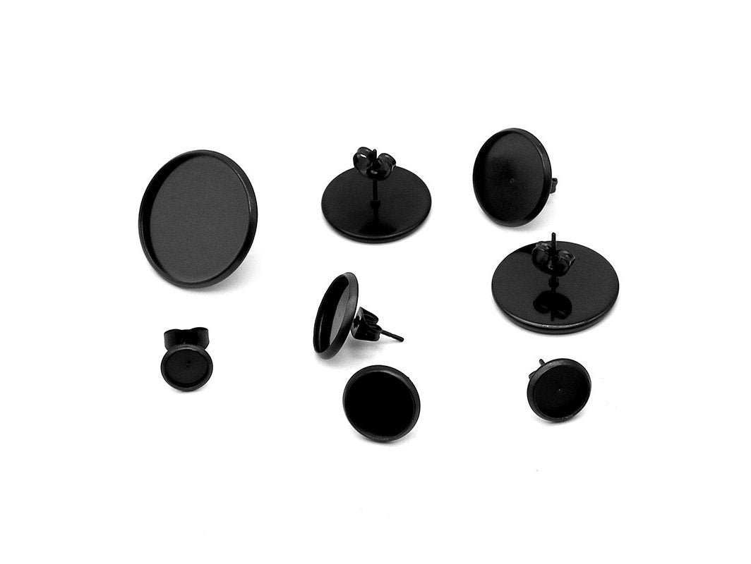 10 Black stainless steel ear stud cabochon settings - fits 8, 10, 12 or 14mm cabochons