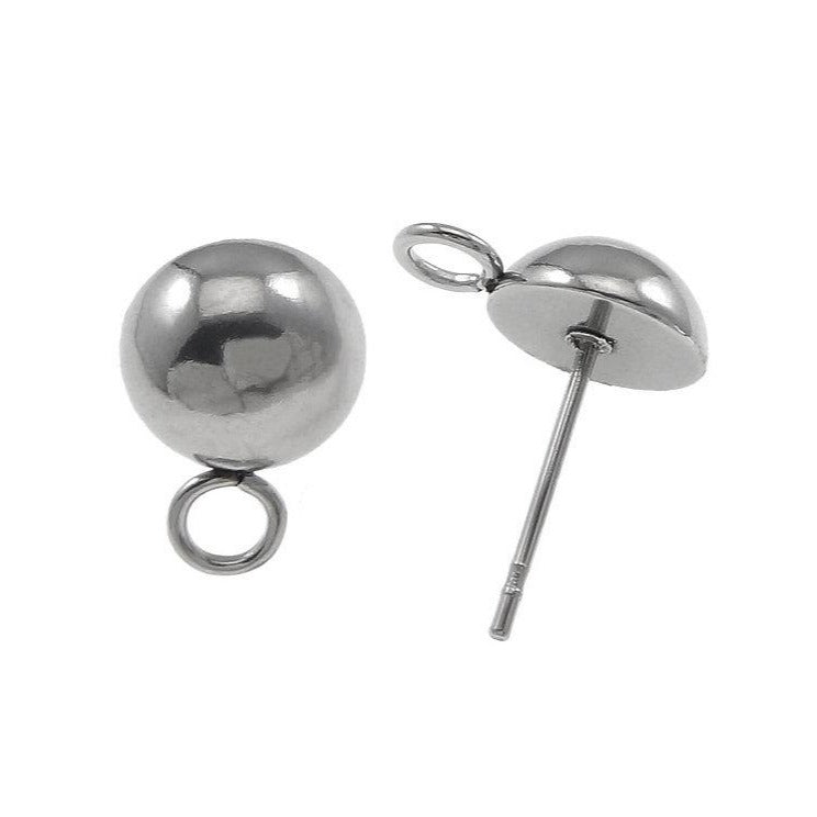 10pcs Stainless Steel Earring Post, Earstud, 8mm Half Ball head, with loop, Hypoallergenic