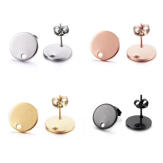 Stainless steel round earring posts with hole, Gold Black Silver Rose