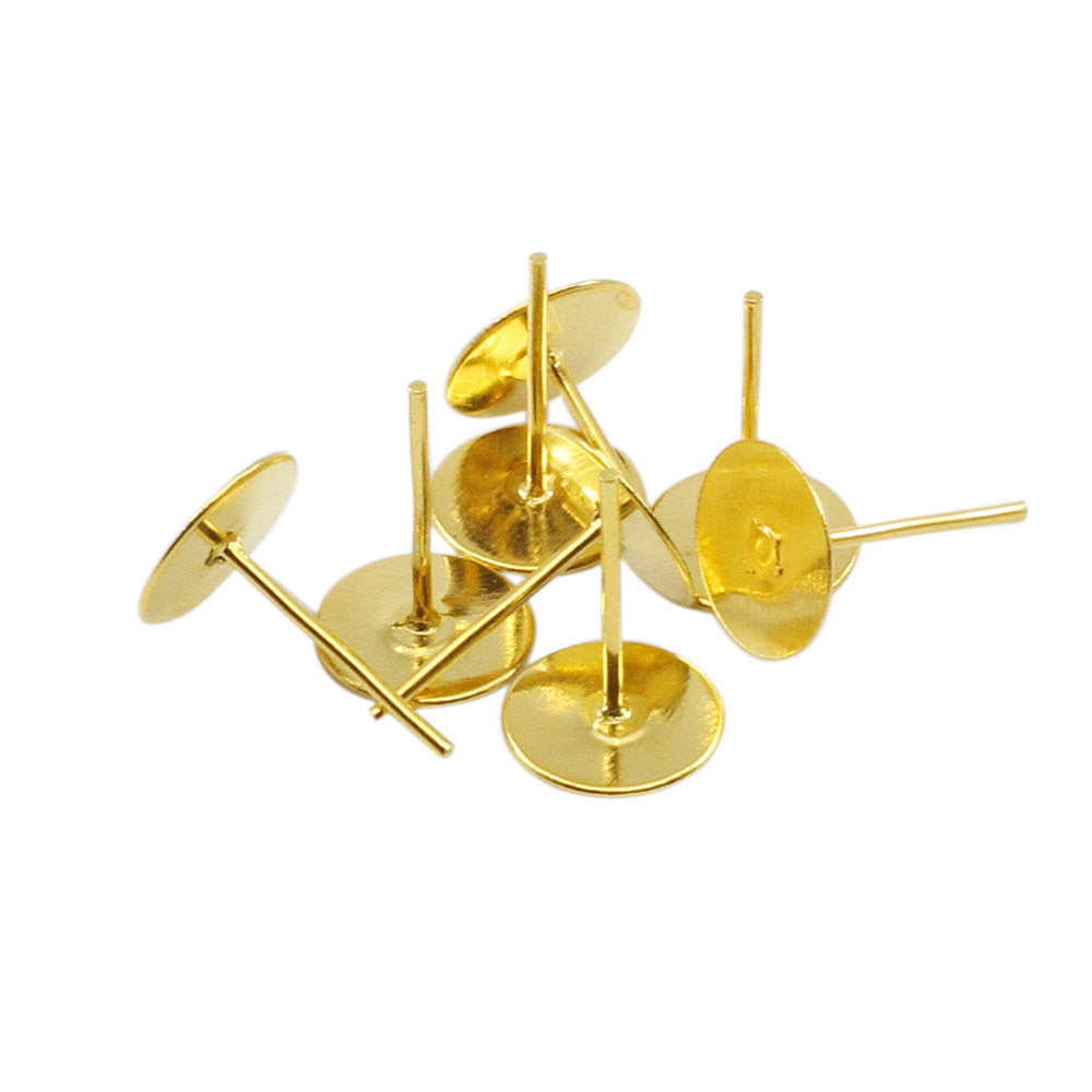 100 Earring stud posts, 6mm pad, gold. Nickel free, lead free and cadmium free