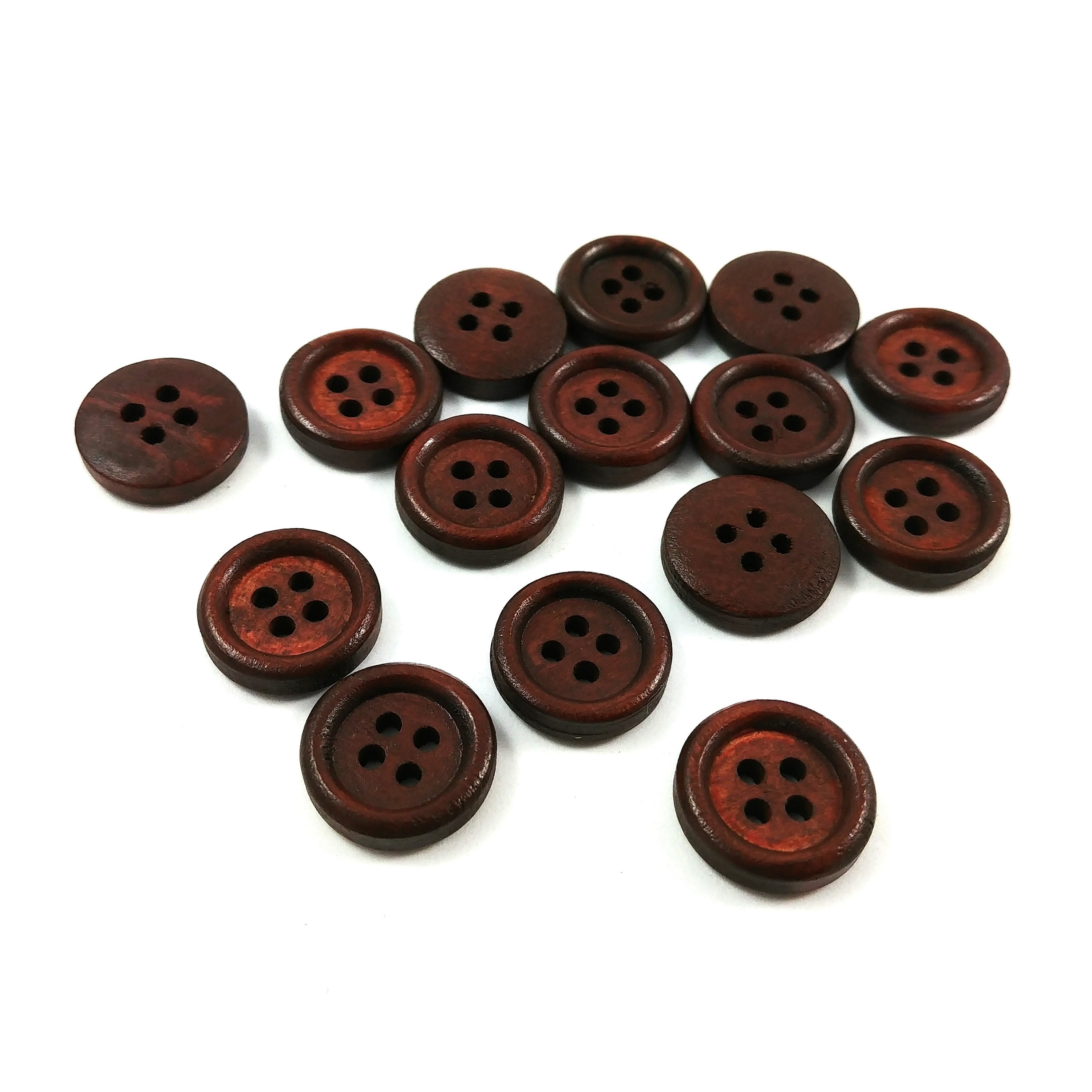 Wooden buttons - Reddish brown 4 Holes Wood Sewing Buttons 15mm - set of 15 or 60
