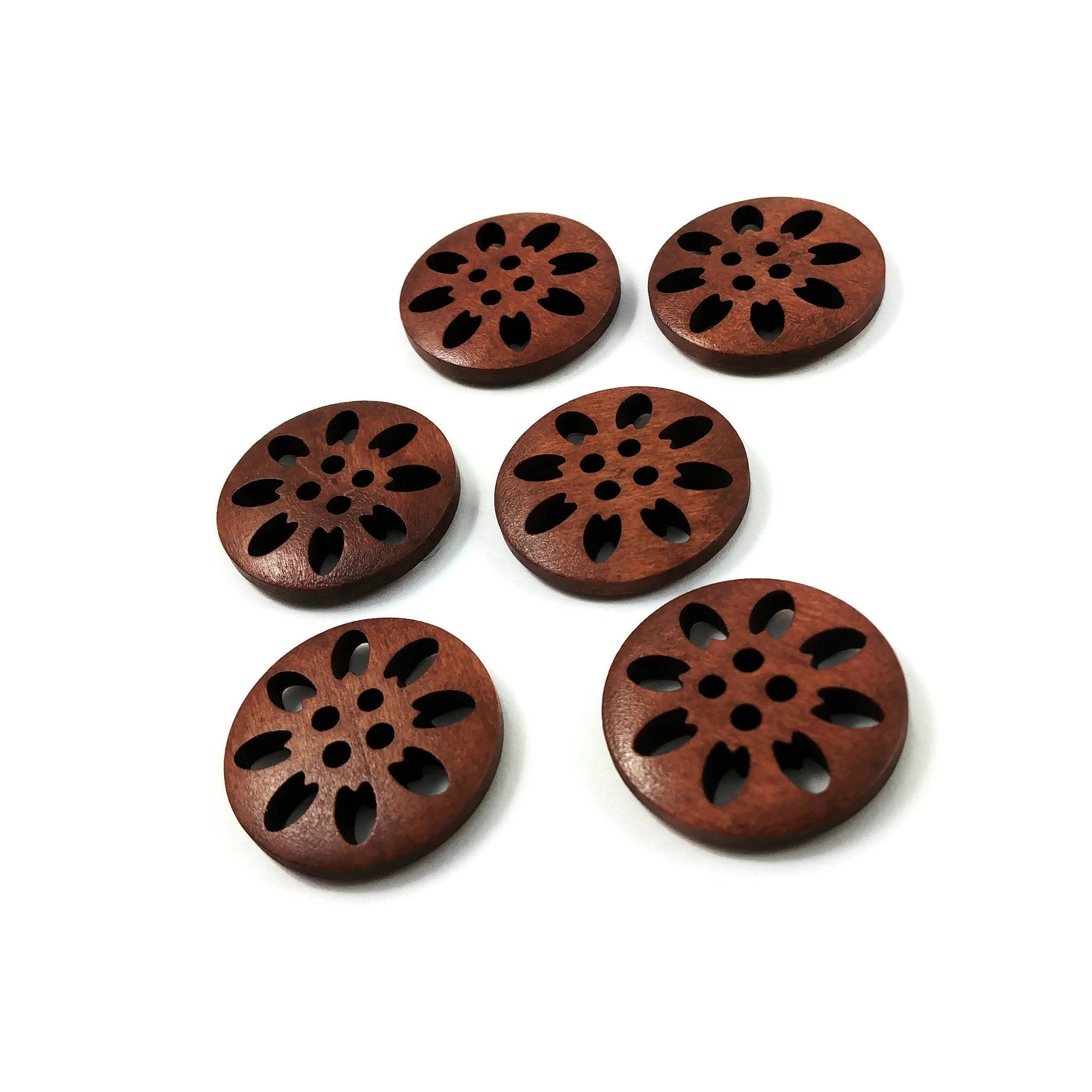 6 hollow flower wooden buttons 25mm