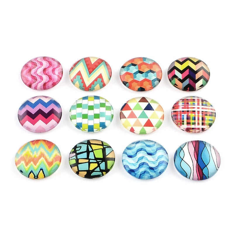 Mixed colorful geometric glass cabochons - set of 20 round dome cabochons - 12mm