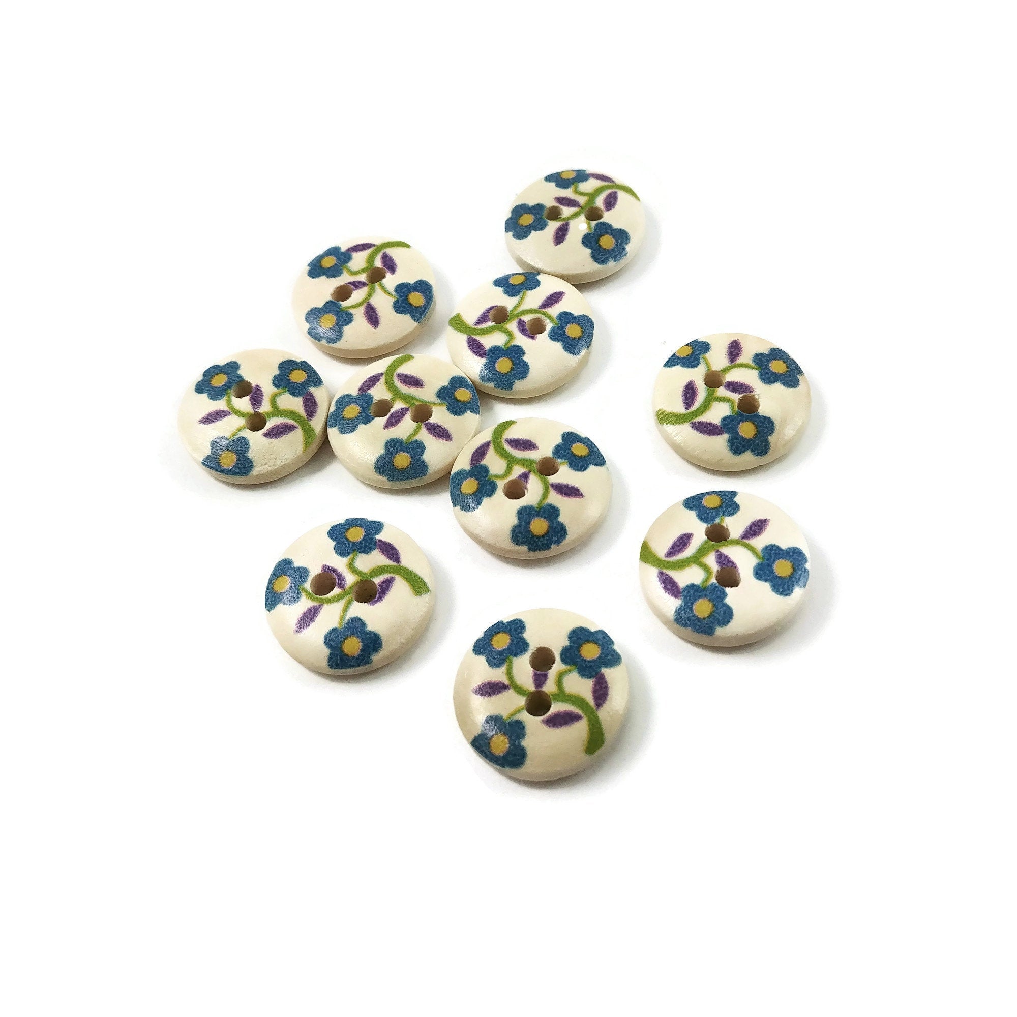 10 boutons de bois peint avec un motif fleur bleu, vert et mauve 15mm
