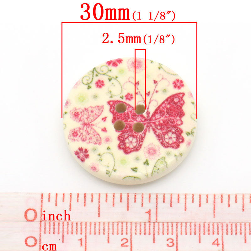 Butterfly Pattern Wooden Sewing Button 30mm - set of 6 wood buttons 