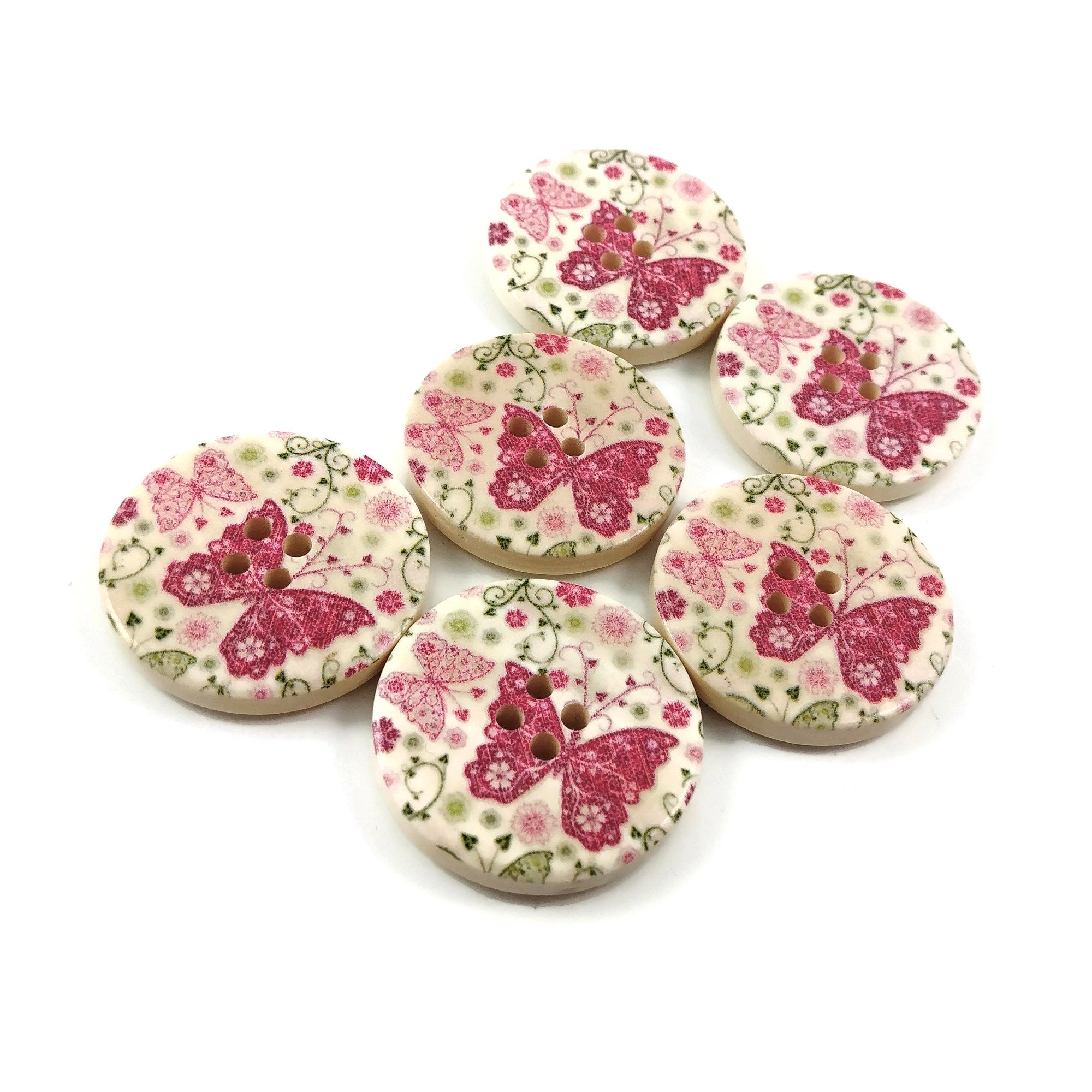 Butterfly Pattern Wooden Sewing Button 30mm - set of 6 wood buttons 