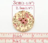 Roses and Foliage Pattern Wooden Sewing Button 30mm - set of 6 wood buttons 