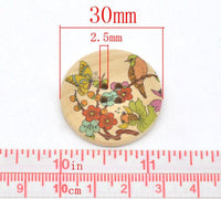 Bird and Foliage Pattern Wooden Sewing Button 30mm - set of 6 wood buttons 