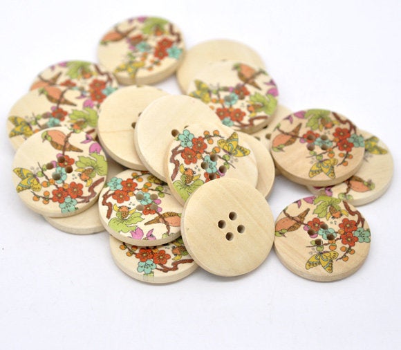 Bird and Foliage Pattern Wooden Sewing Button 30mm - set of 6 wood buttons 