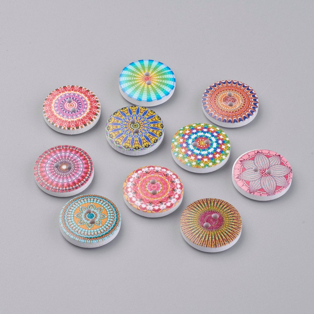 Boho wood sewing buttons - 12 Mixed Patterns craft buttons 20mm