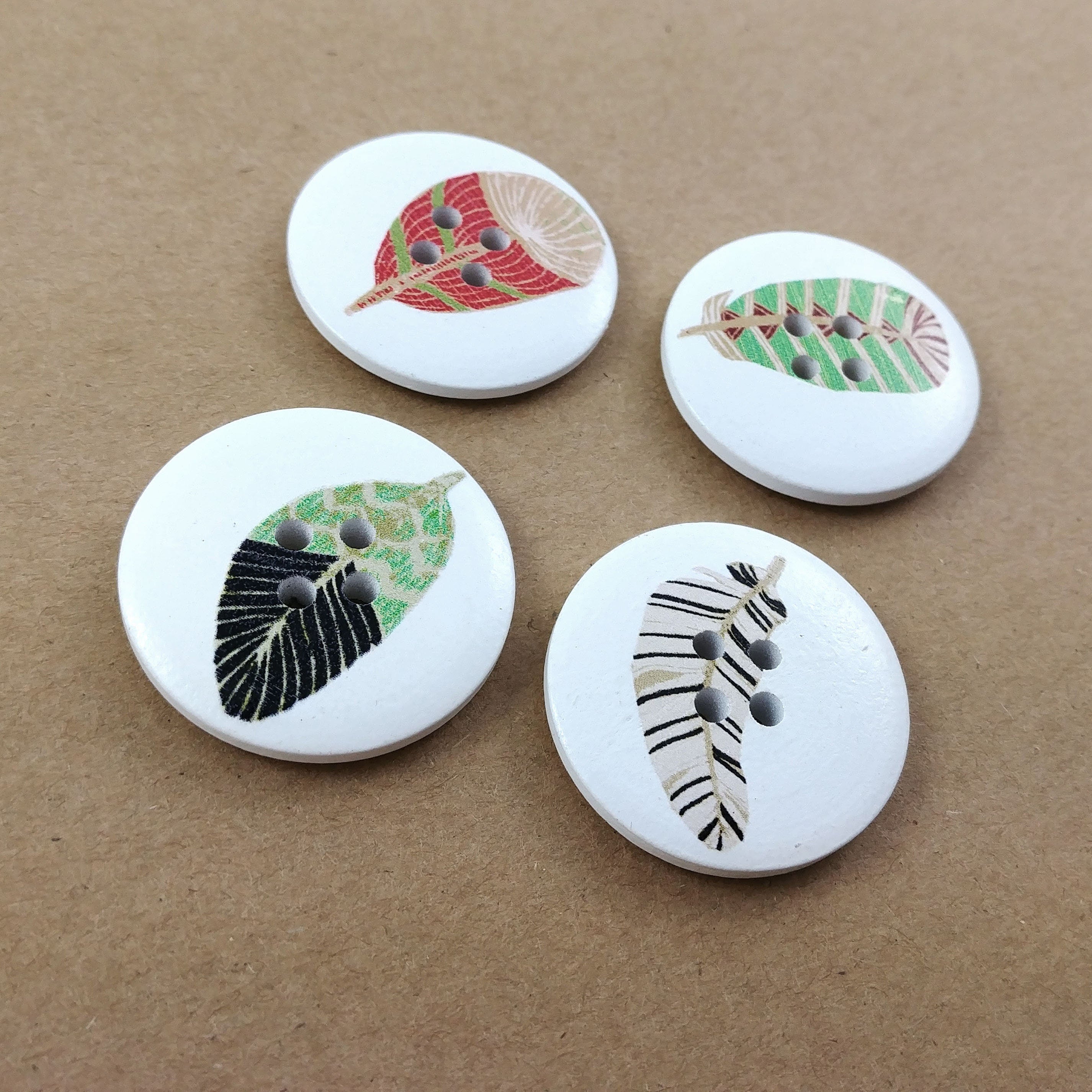 Feather wood sewing buttons - 4 Mixed Patterns craft buttons 30mm