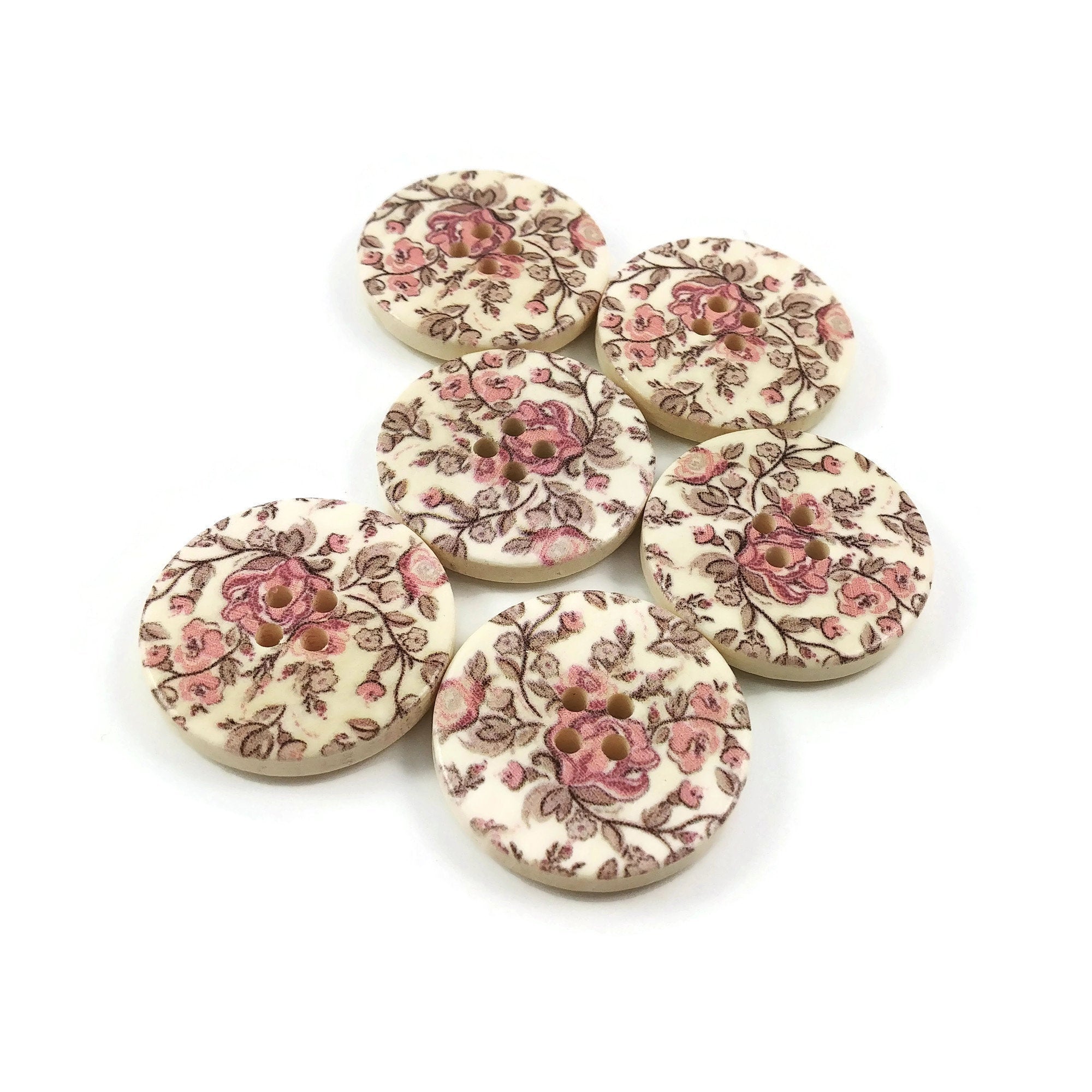 Roses and Foliage Pattern Wooden Sewing Button 30mm - set of 6 wood buttons 