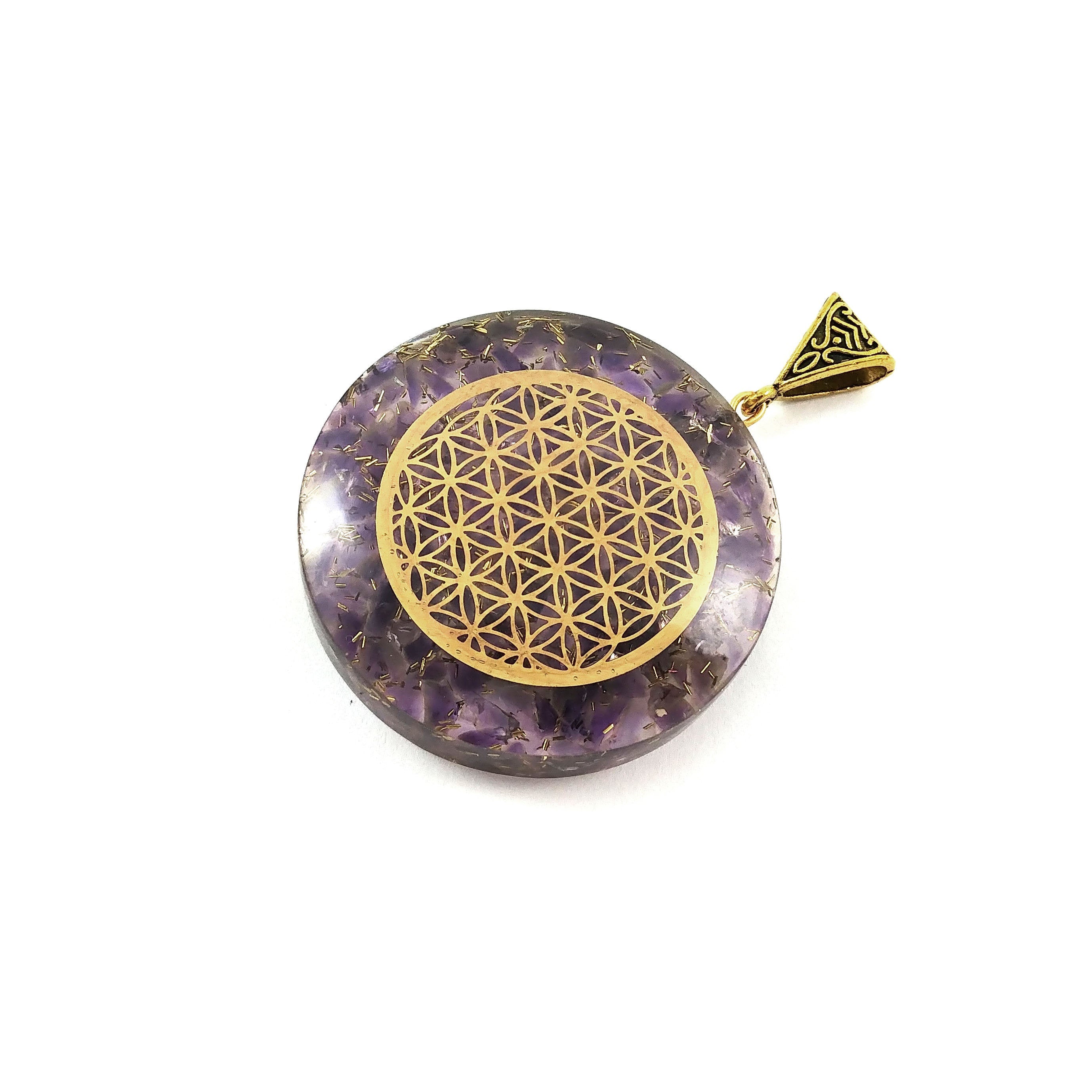 Round stone orgonite pendant with Flower of life