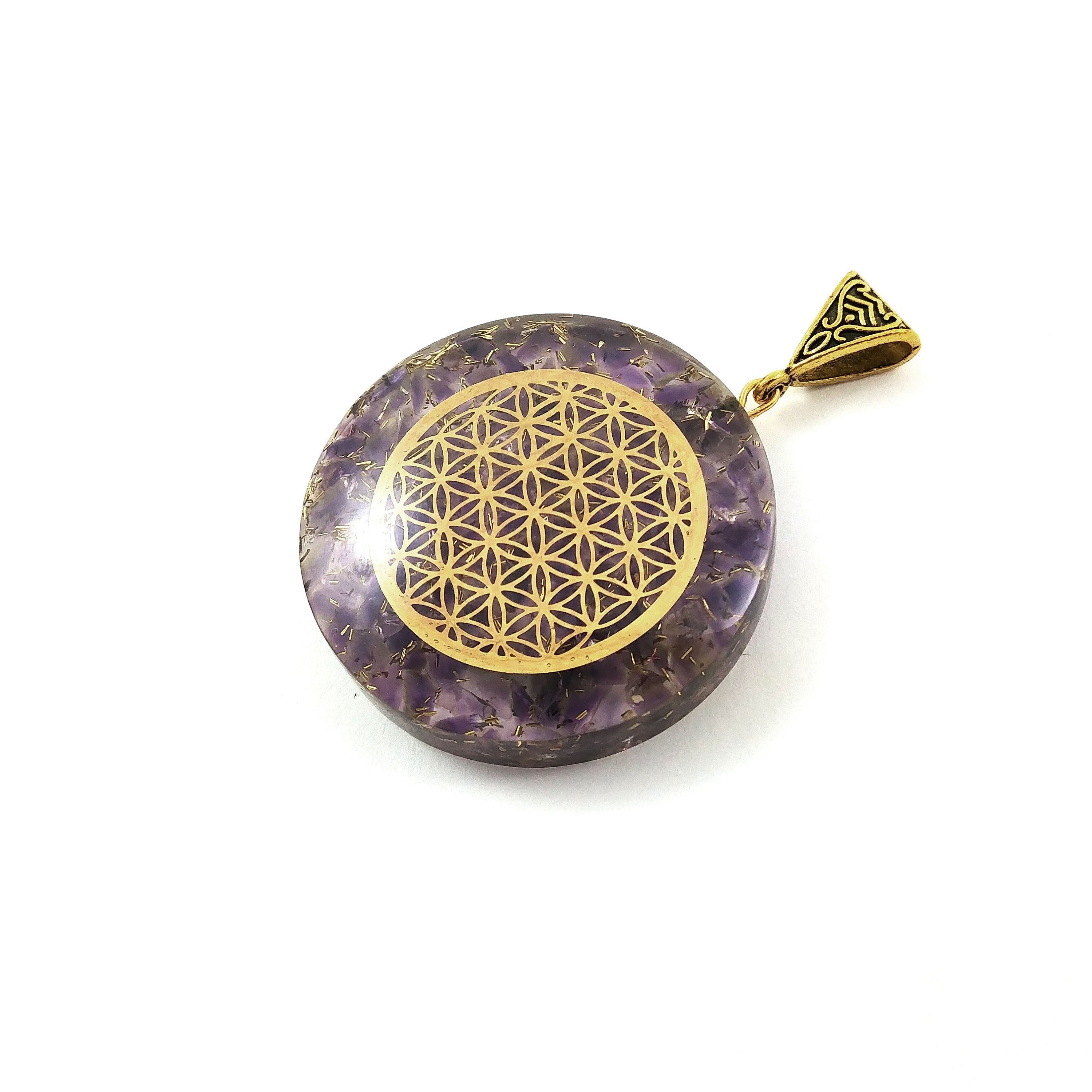 Round stone orgonite pendant with Flower of life