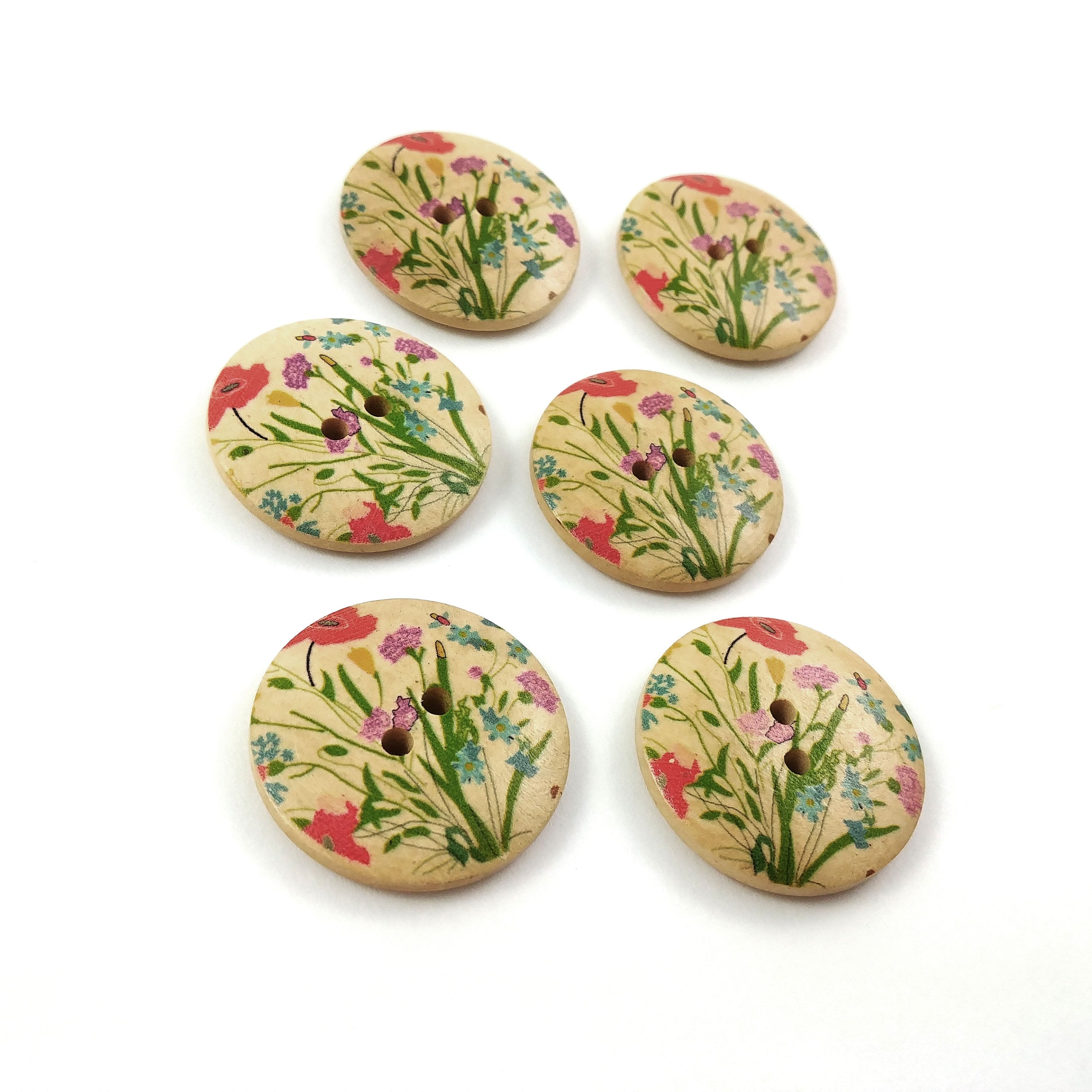 6 Spring flowers wood sewing buttons - 30mm craft buttons