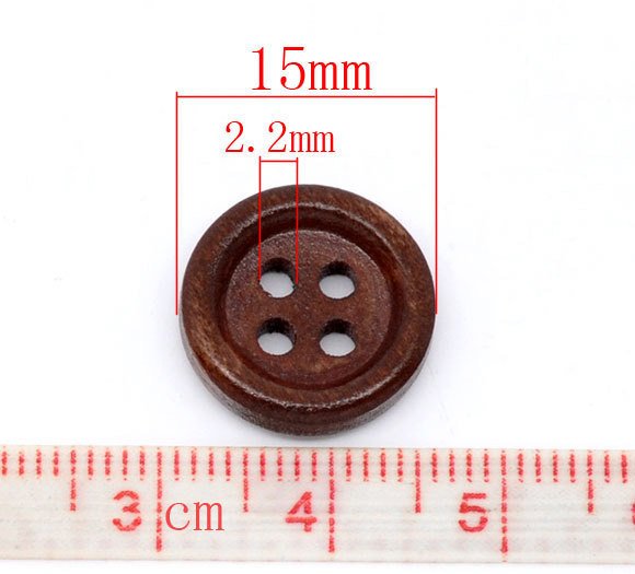 Wood button - Dark Brown 4 Holes Wooden Sewing Buttons 15mm - set of 15