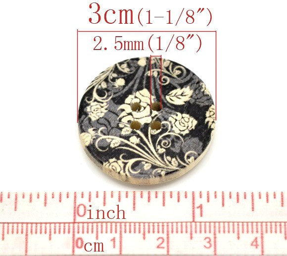 Bouton de bois avec motif noir et gris de 3cm avec fleur en bois naturel - ensemble de 6 boutons