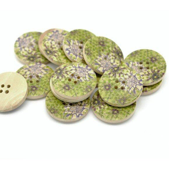 Bouton de bois avec motif vert et prune de fleur - ensemble de 6 boutons en bois naturel de 3cm
