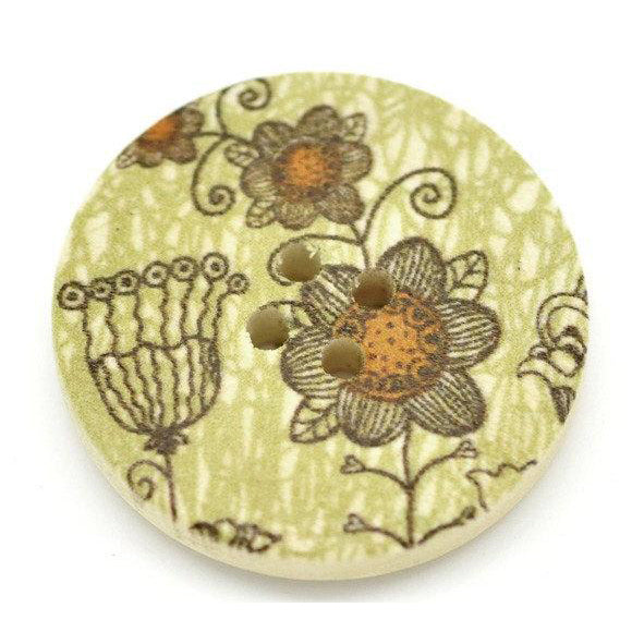 Khaki and Pumkin Wooden Buttons 30mm - Natural wood flowers pattern painting sewing button set of 6
