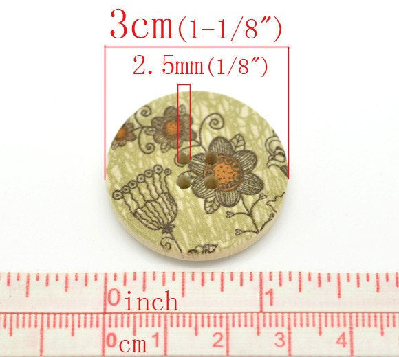 Khaki and Pumkin Wooden Buttons 30mm - Natural wood flowers pattern painting sewing button set of 6