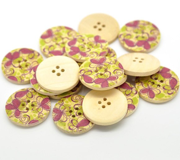 Fushia Pink and Green Flower Pattern Wood Sewing Buttons 30mm - Natural wooden button set of 6
