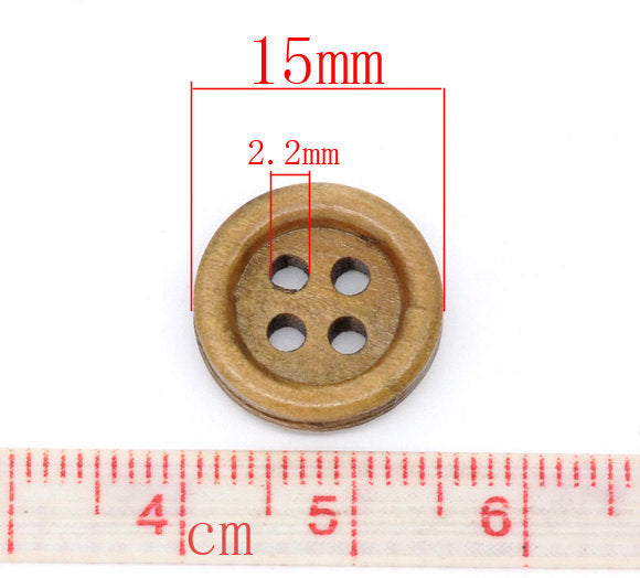 Wood button - Brown 4 Holes Wooden Sewing Buttons 15mm - set of 15