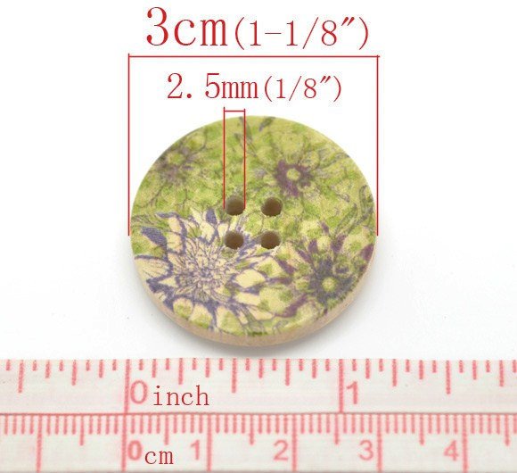 Green and Plum Wooden Buttons 30mm - Natural wood flowers pattern painting set of 6