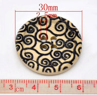 Bouton de bois avec motif tourbillon de 3cm - ensemble de 6 boutons boutons noir et bois naturel