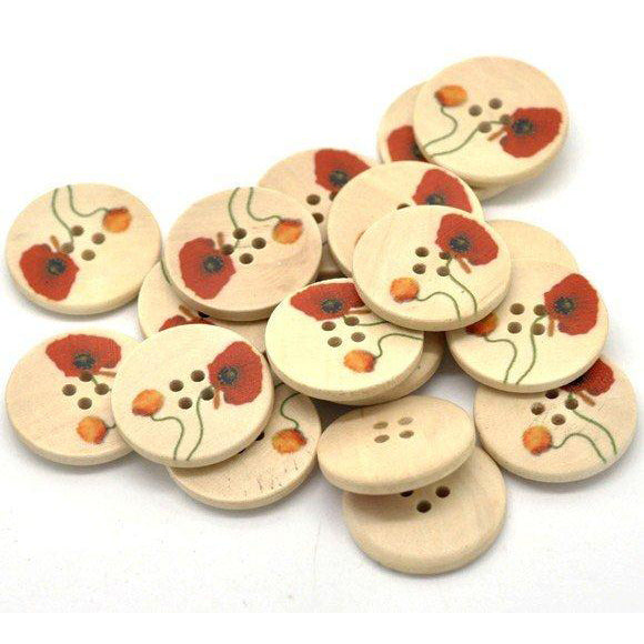 Natural wood button with Flower Poppy Pattern 25 or 30mm - set of 6 natural sewing wood button