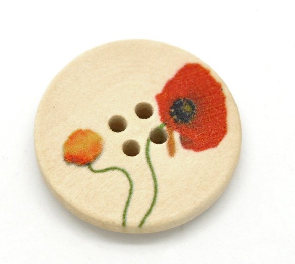 Bouton de bois avec motif de fleur coquelicot de 25 ou 30mm - ensemble de 6 boutons en bois naturel