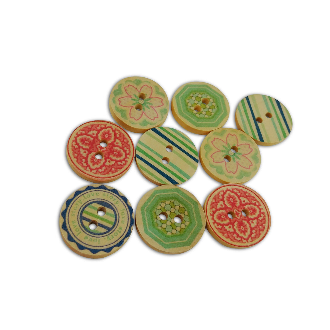 9 Mixed Patterns and Colors Buttons - Wood sewing buttons 25mm