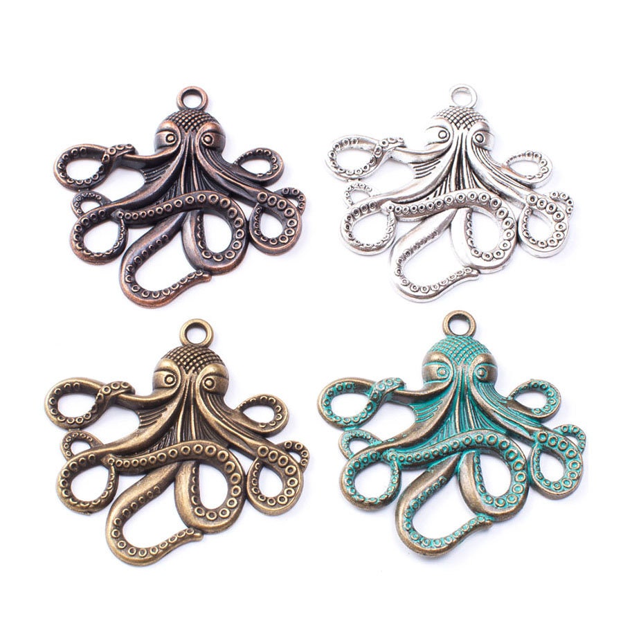 Large octopus pendant, Hypoallergenic DIY necklace pendant, Nautical steampunk pendant, Plated charms: patina - bronze - silver - copper