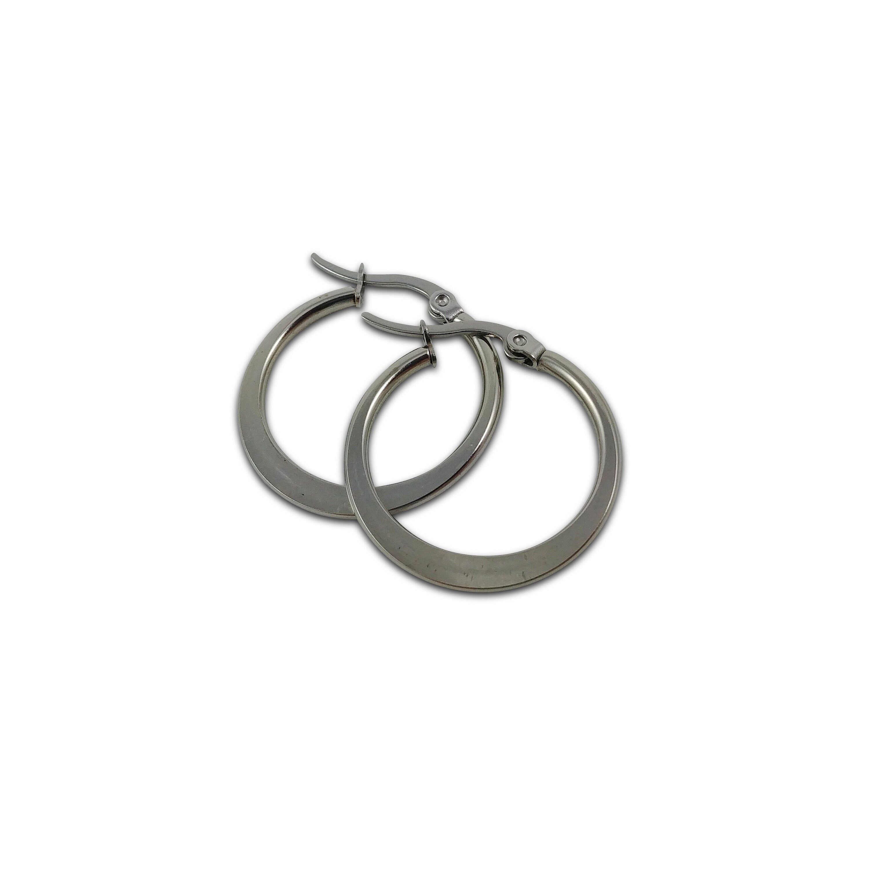Stainless steel hoop earrings, Hypoallergenic earring findings, Flat ring shape, Silver latch back earwire