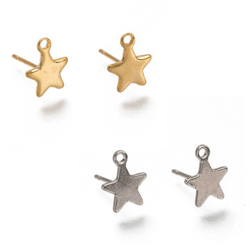 8mm star earstuds with loop, Stainless steel earring studs, Hypoallergenic gold or silver jewelry findings