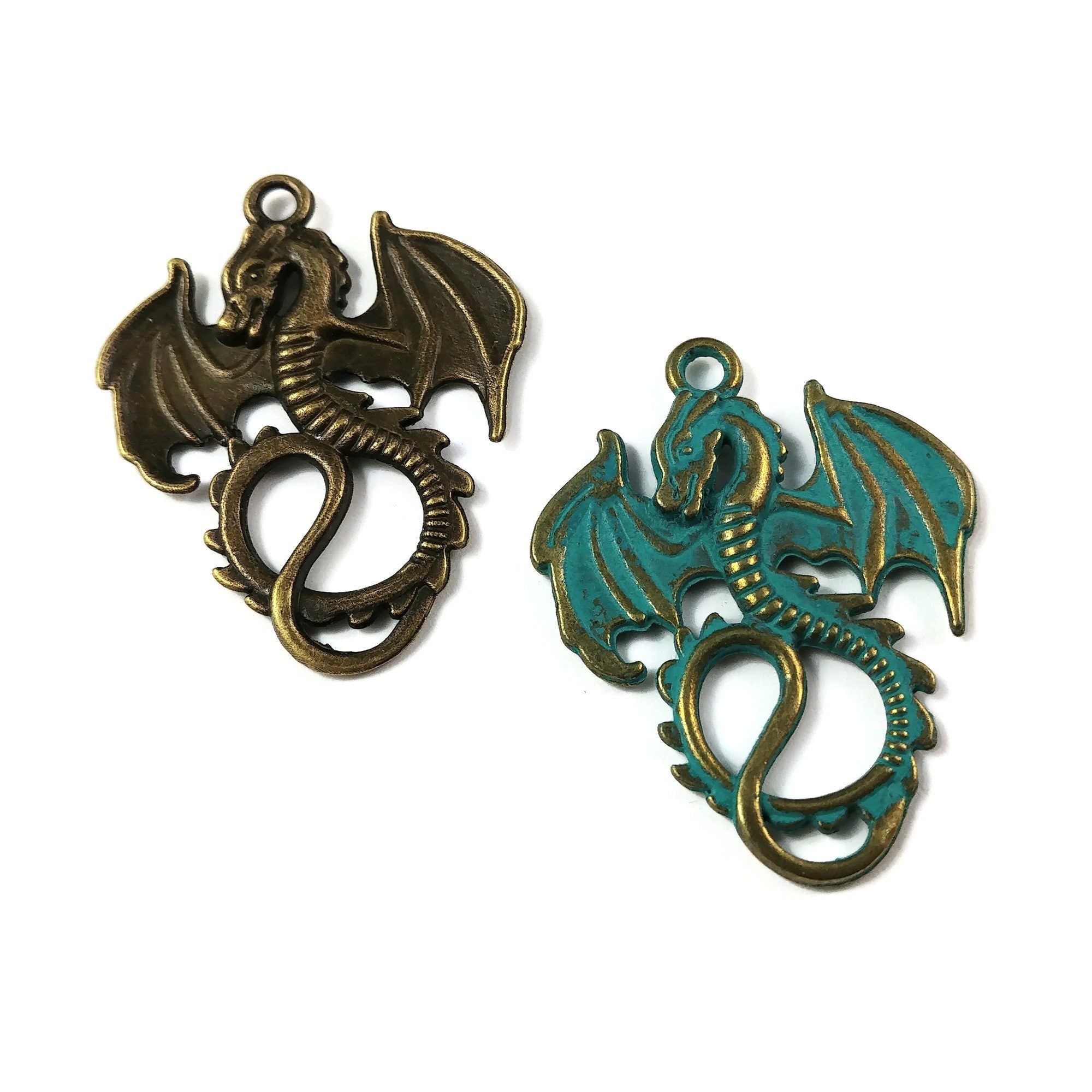 Large dragon charm, Hypoallergenic DIY necklace pendant, Fantaisy medieval pendant, patina or bronze plated charms