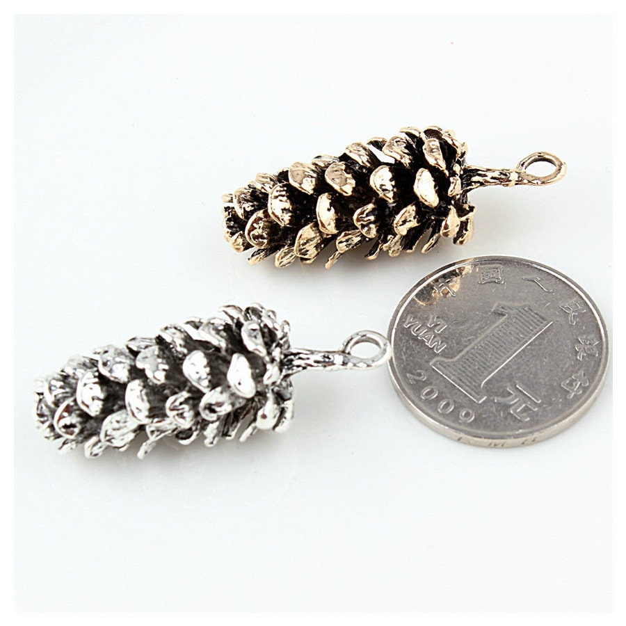 Big pinecone charm, Hypoallergenic DIY necklace pendant, Woodland rustic pendant, antique silver or gold charms