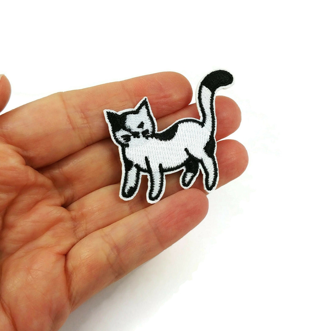 Cat iron on patch, Embroidered sew on patch, Black and white cat applique