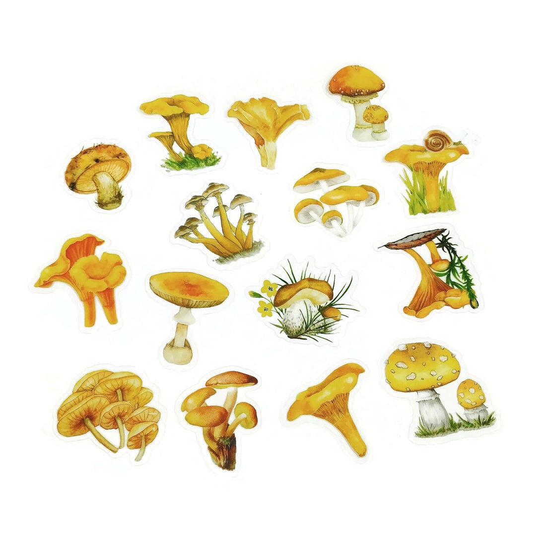 Yellow mushroom sticker pack - 15 cute botanical stickers - Cottagecore journal planner