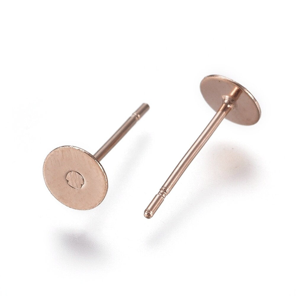 Rose gold earring posts, Stainless steel studs, 3mm, 4mm, 5mm, 6mm, 8mm, 10mm flat pad earring findings