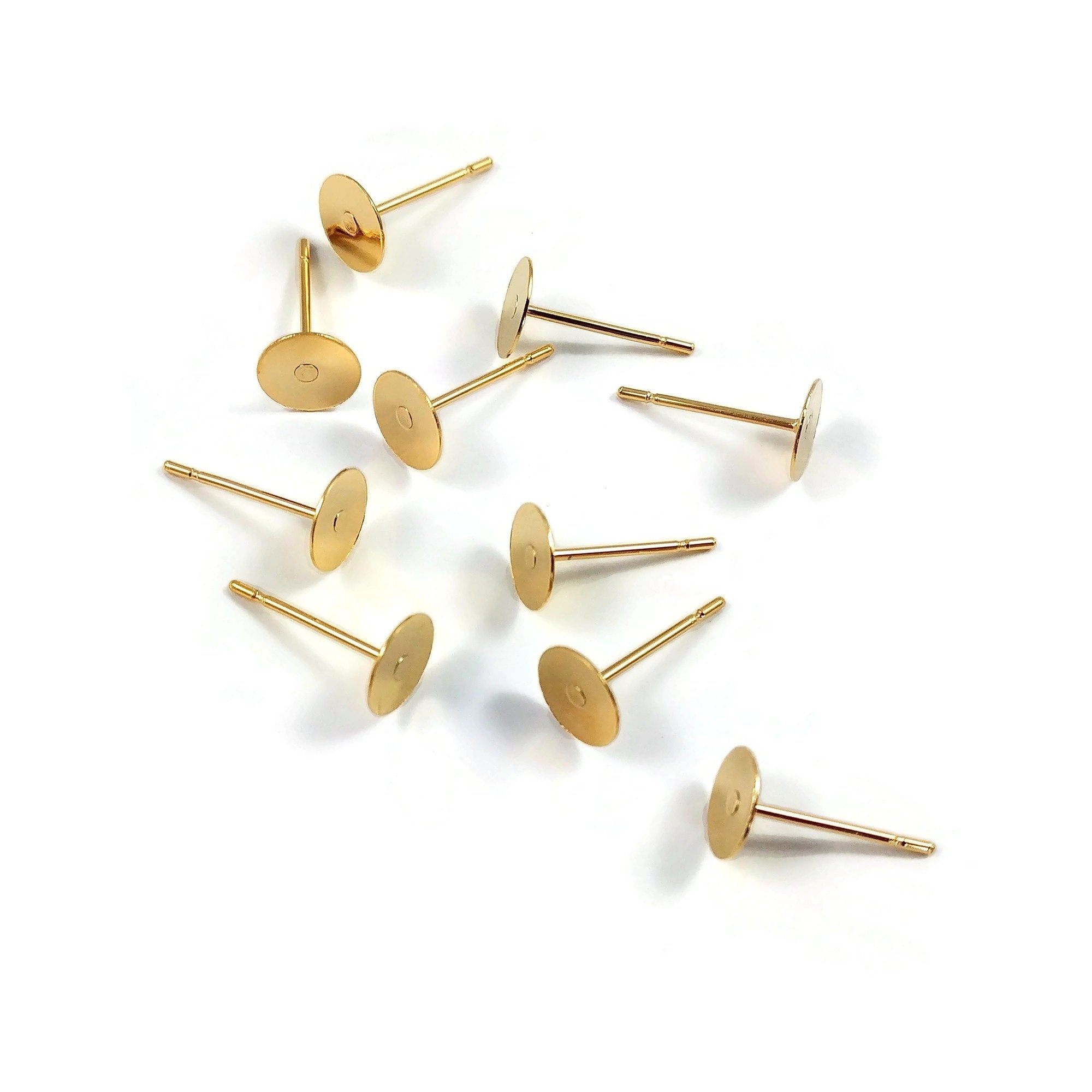 24K gold plated earring post, 6mm stainless steel flat pad studs, 50pcs (25 pairs) blank parts for jewelry making