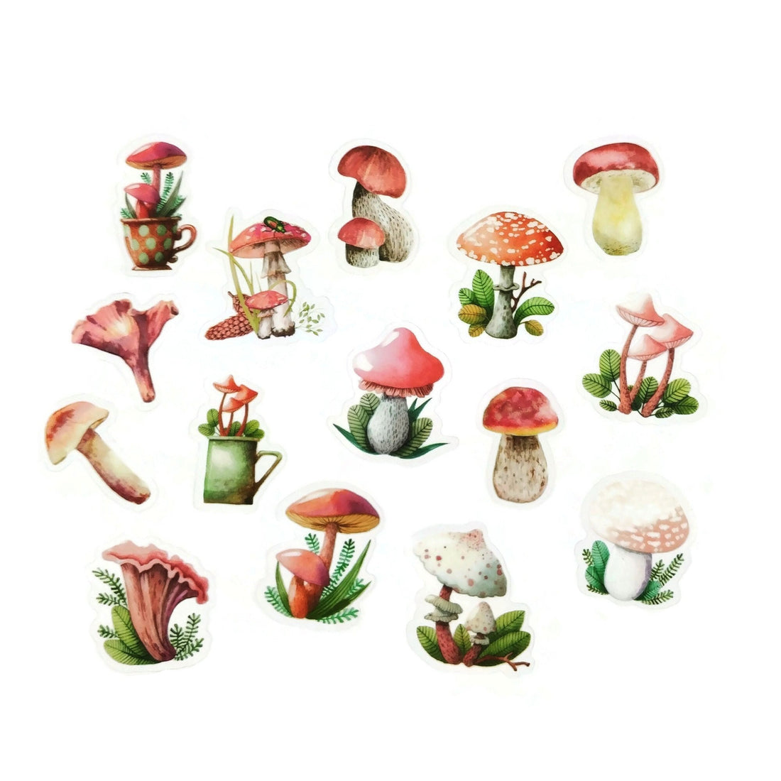 Pinky mushroom sticker pack - 15 cute botanical stickers - Cottagecore journal planner