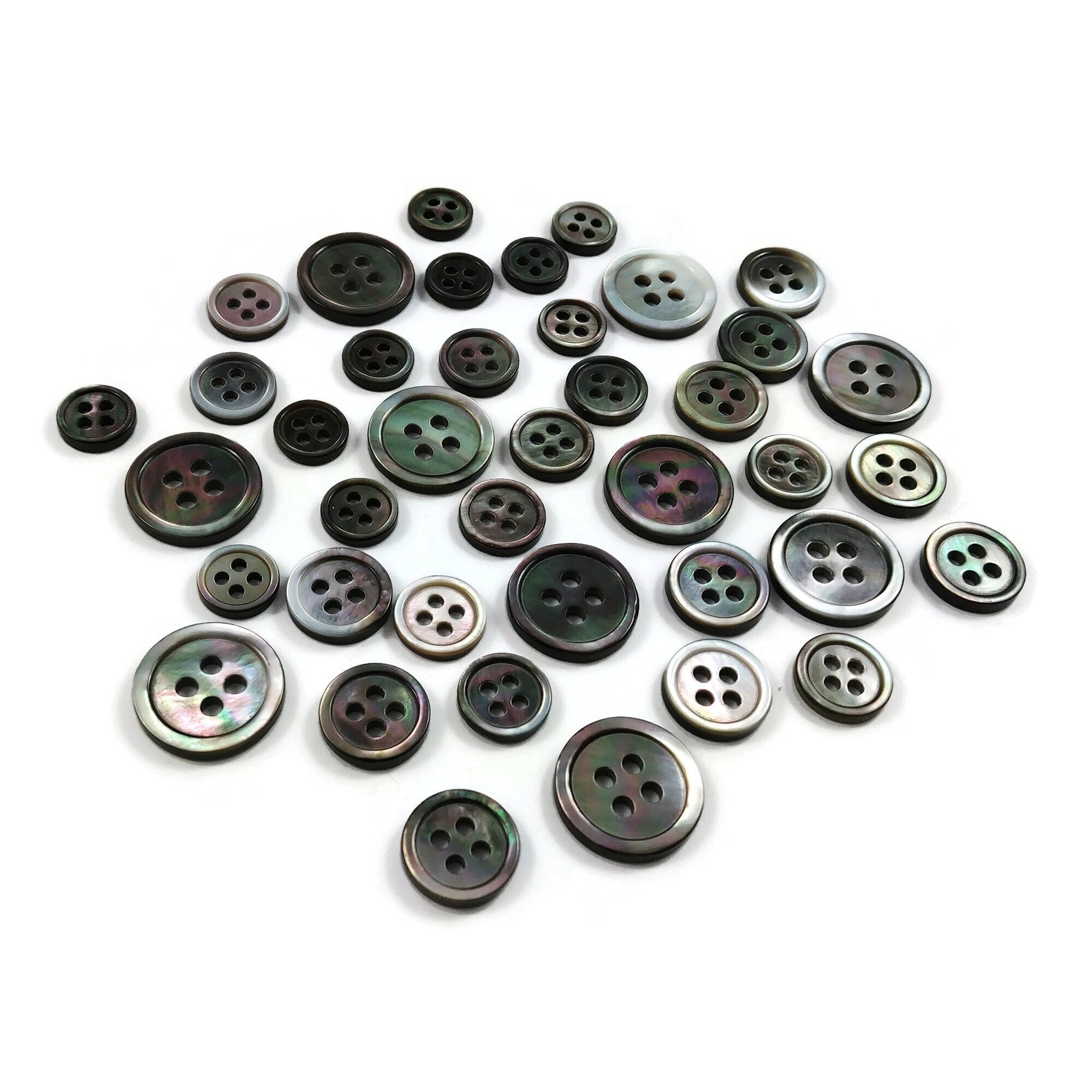Grey mother of pearl buttons, Natural black lip shell sewing buttons, 4 sizes available