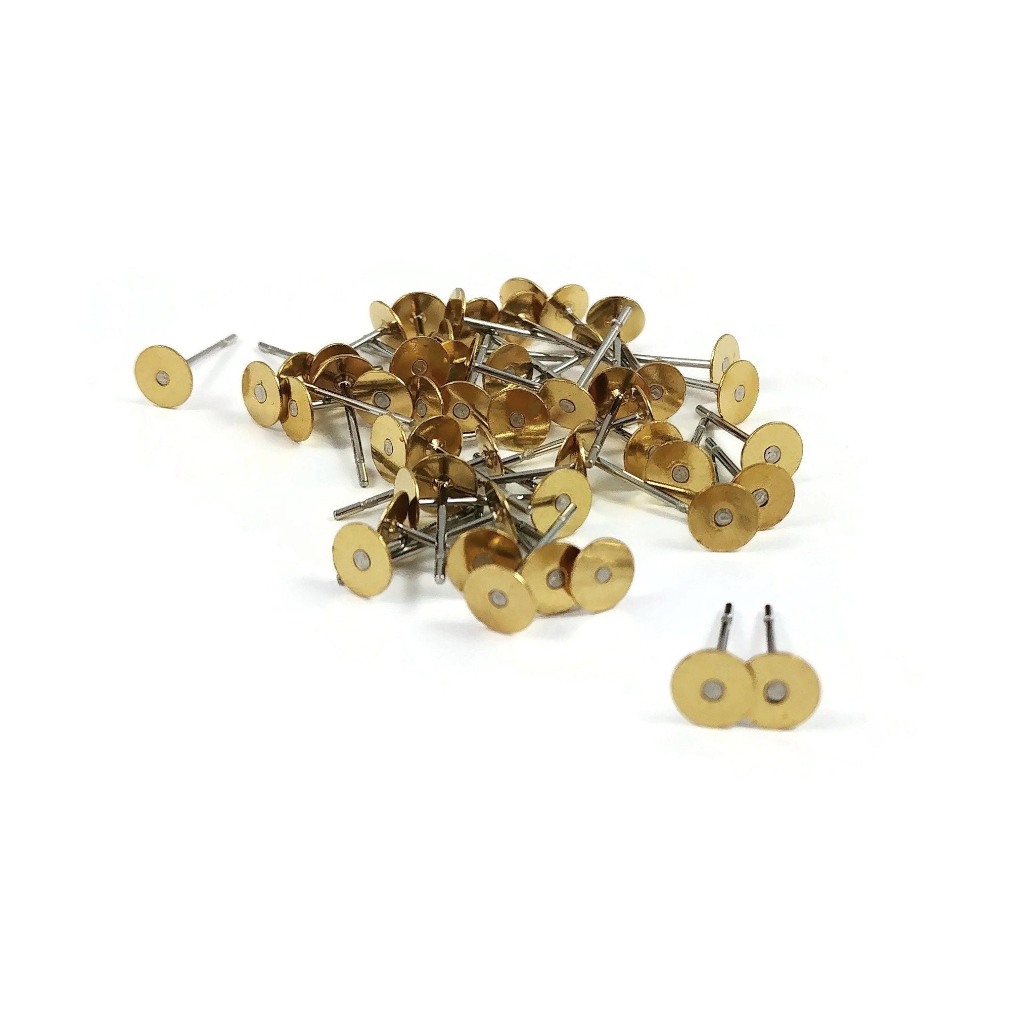 5mm earring stud posts, Stainless steel silver stud, Raw unplated brass gold pad, Nickel free jewelry fingings