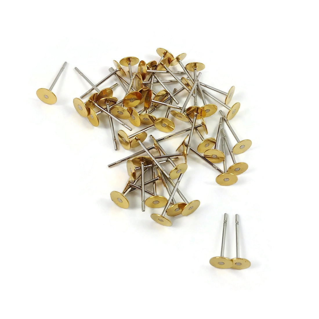 5mm earring stud posts, Stainless steel silver stud, Raw unplated brass gold pad, Nickel free jewelry fingings