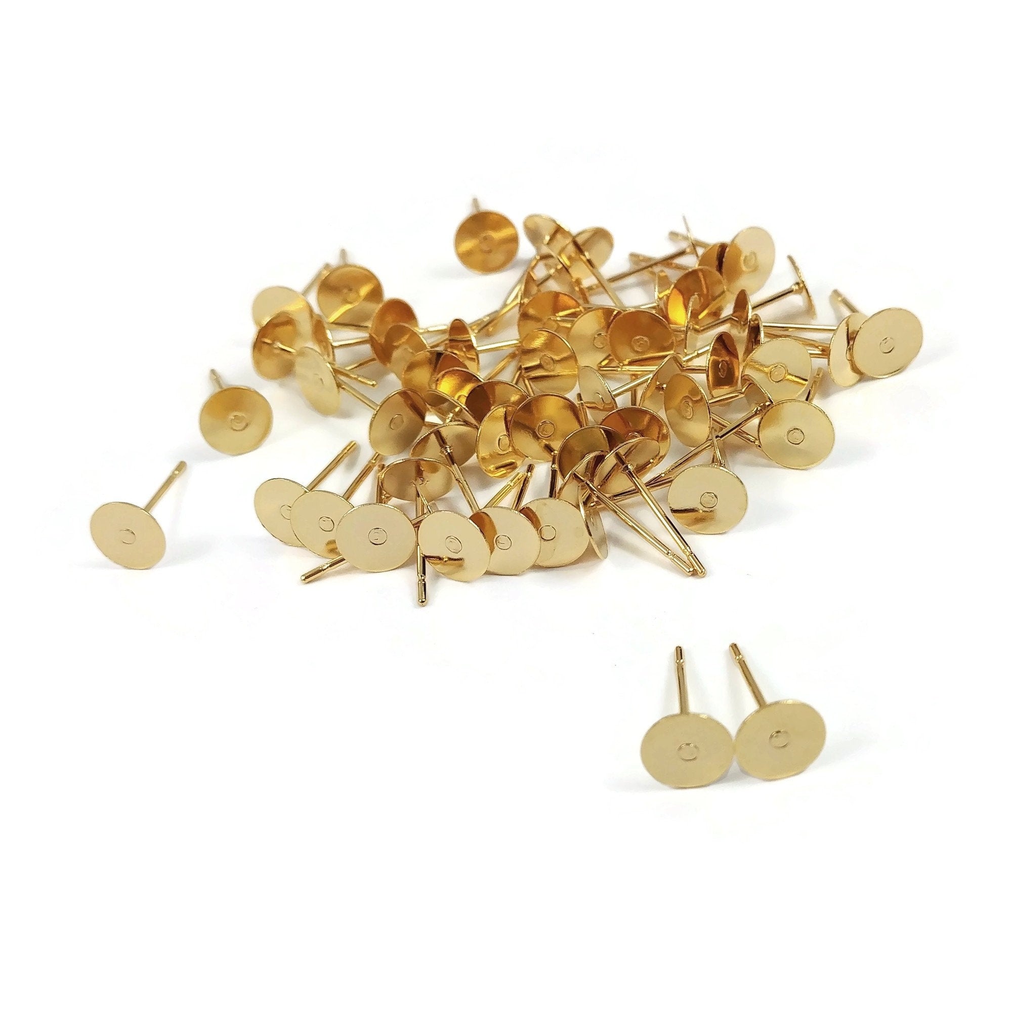 24K gold plated earring post, 6mm stainless steel flat pad studs, 50pcs (25 pairs) blank parts for jewelry making