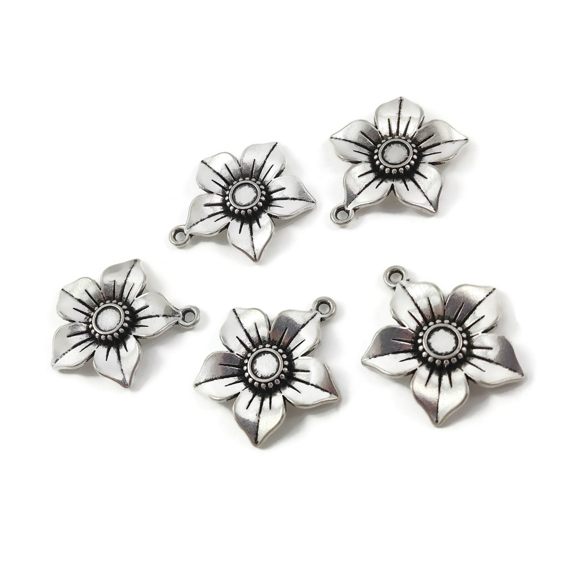 5 flower charms, 27mm nickel free metal pendants, 3D charms for jewelry making