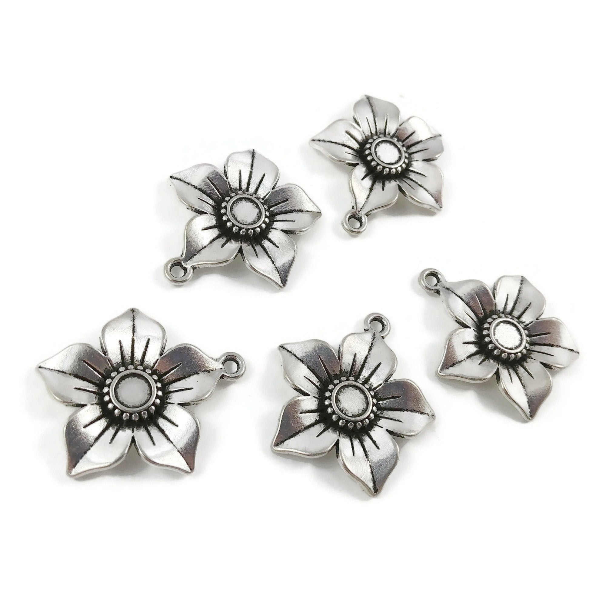 5 flower charms, 27mm nickel free metal pendants, 3D charms for jewelry making