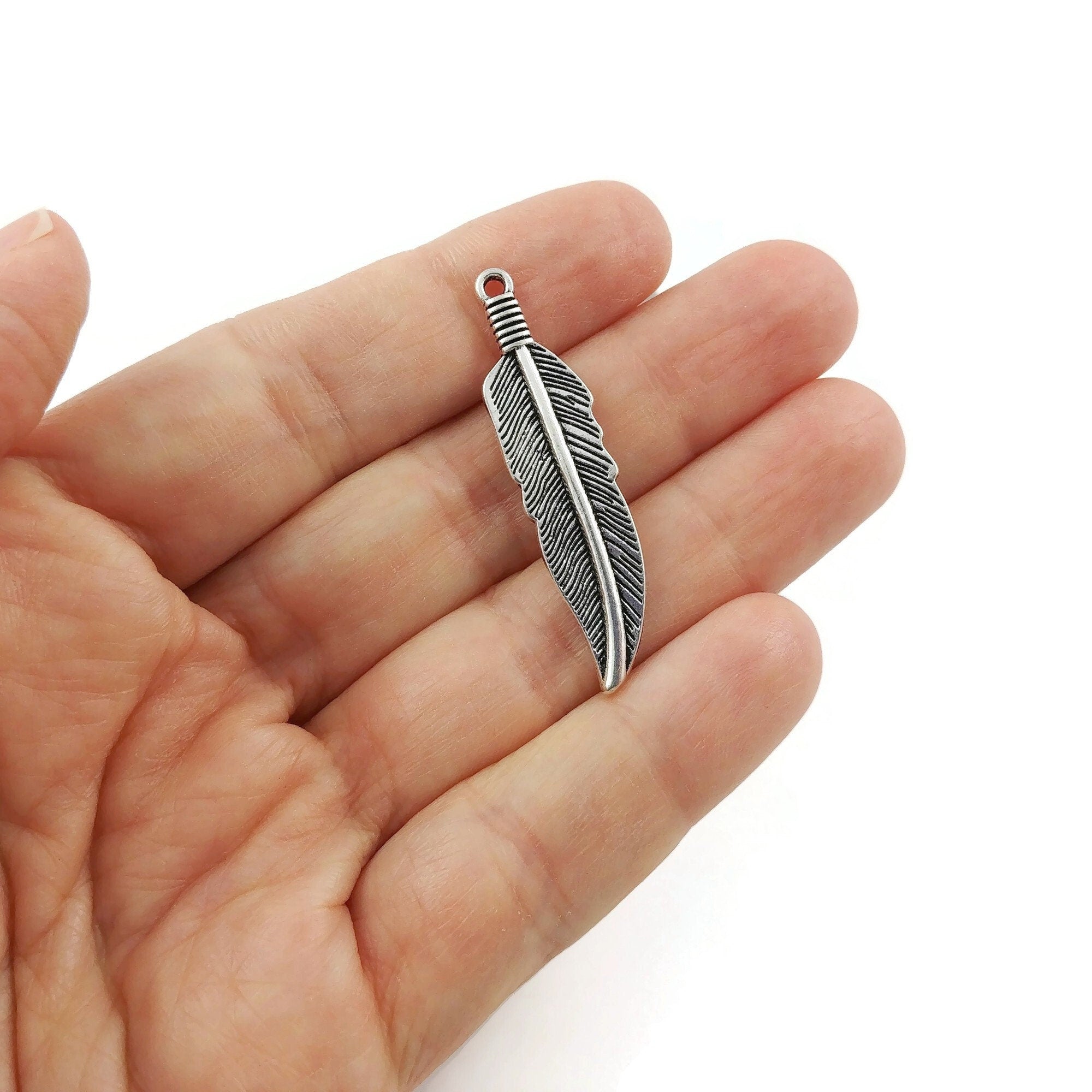 5 feather charms, 40mm nickel free metal pendants, 3D charms for jewelry making